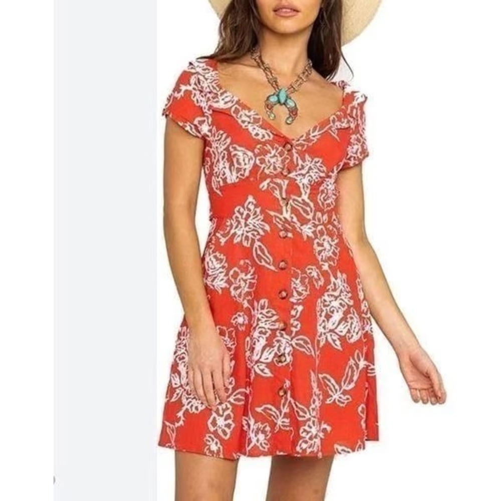 Free People A Thing Called Love Mini Dress Red/White Floral Linen Summer French